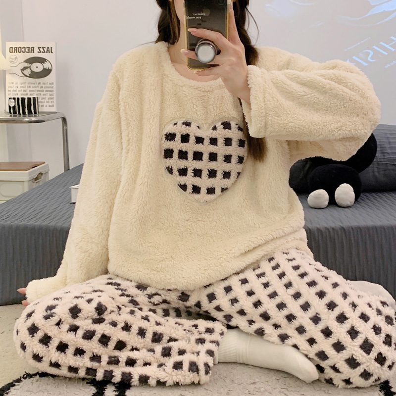 Pregnant Women's Pajamas Winter Warm Velvet Cute December Postpartum Thickened Plush Warm suit Nursing Home Clothes