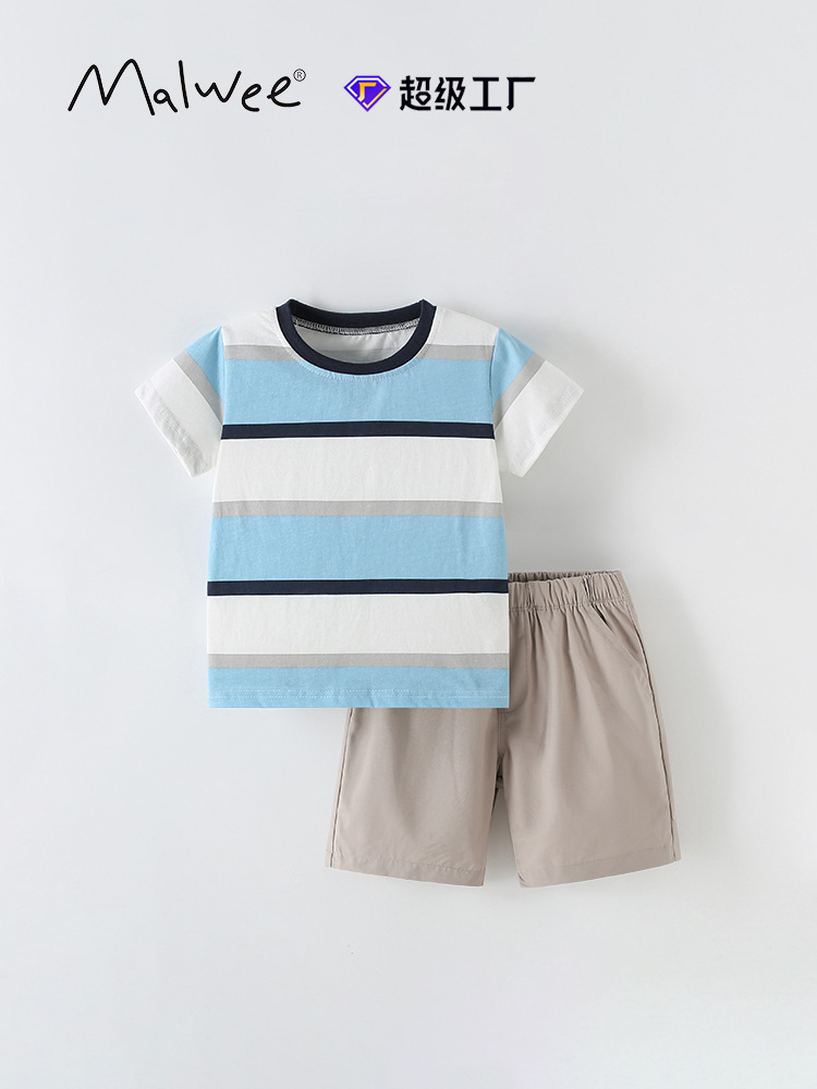 Traje de niño malwee transfronterizo verano nuevo estilo cuello redondo manga corta pantalones de cintura elástica para niños europeos y americanos de dos piezas