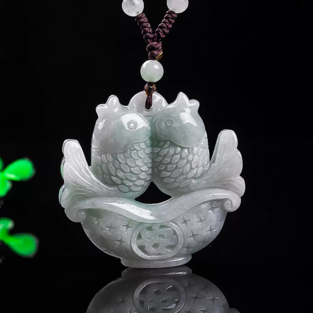 天然玉石翡翠缅甸A货双鱼平安吊坠双面男女款项链玉坠挂件批发