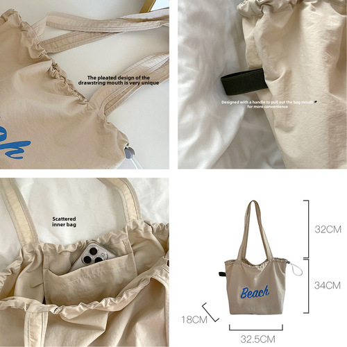 Korean style new letter printed bag women's large capacity nylon shoulder bag casual versatile portable drawstring tote bag