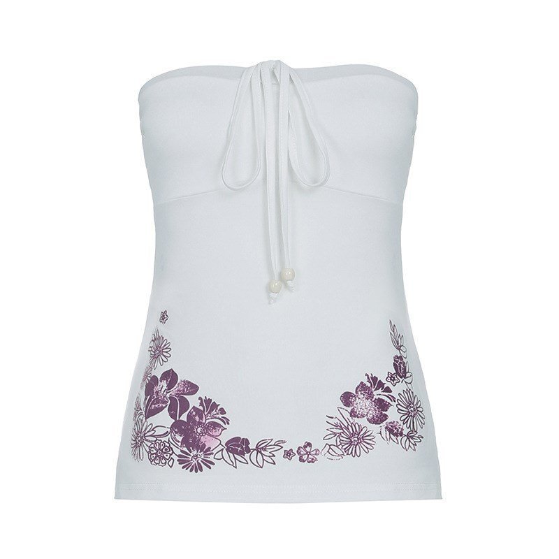Summer New Holiday Style Slim-Fitting Printed Short Top with Multiple Ways to Wear One-Line Collar Tube Top and Halter Neck Vest for Women Summer New Holiday Style Slim-Fitting Printed Short Top with Multiple Ways to Wear One-Line Collar Tube Top and Halter Neck Vest for Women