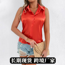 实拍欧美色丁女装衬衫缎面 外贸欧美女式时尚衬衣色丁上衣女夏天