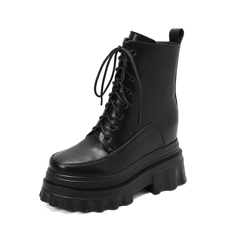 Boot nữ đế tăng chiều cao 10cm dây buộc mùa thu đông — Lớp lót nhung đen, Lớp lót đơn màu nâu sẫm, Lớp lót đơn màu đen, Lớp lót nhung màu nâu sẫm