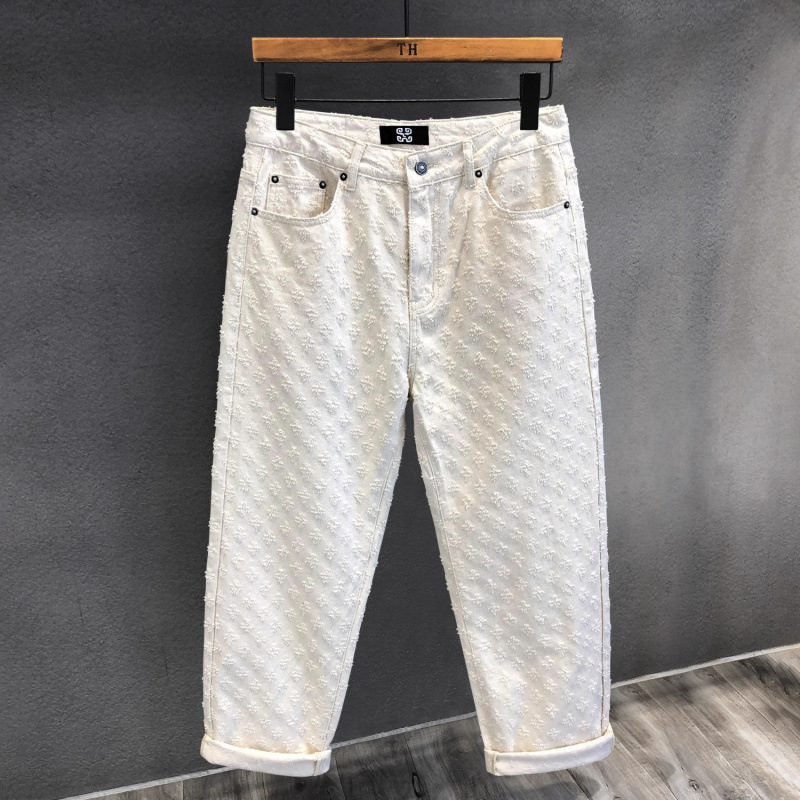 Cross-Border Foreign Trade Designer Jacquard Craft Trendy Brand Heavy Denim Jeans Men's Loose Straight Pants American High Street