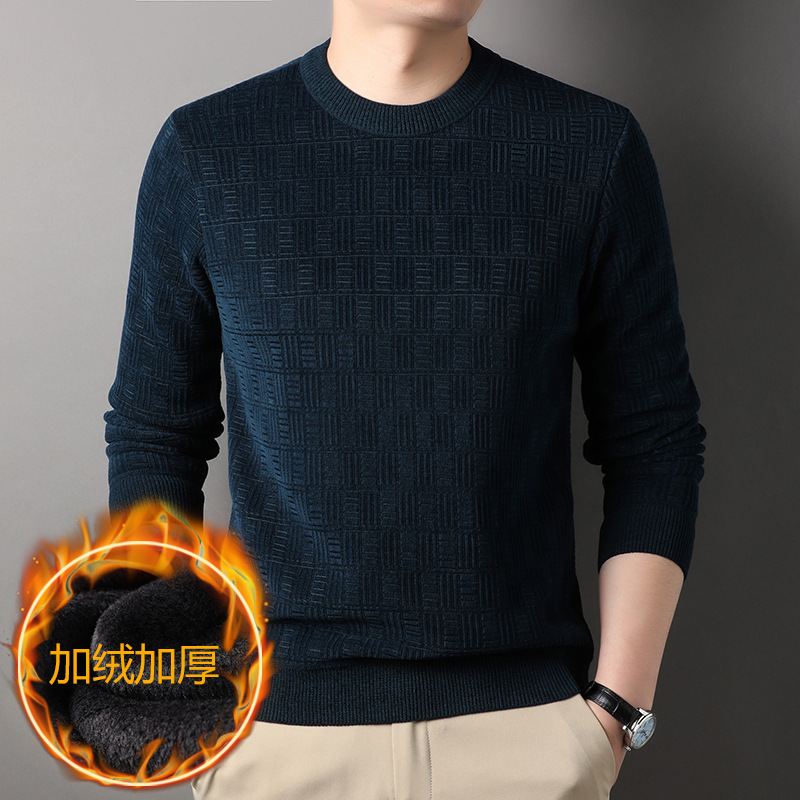 跨境外贸雪尼尔麻将格长袖毛衣男士冬季加绒加厚圆领休闲打底衫男