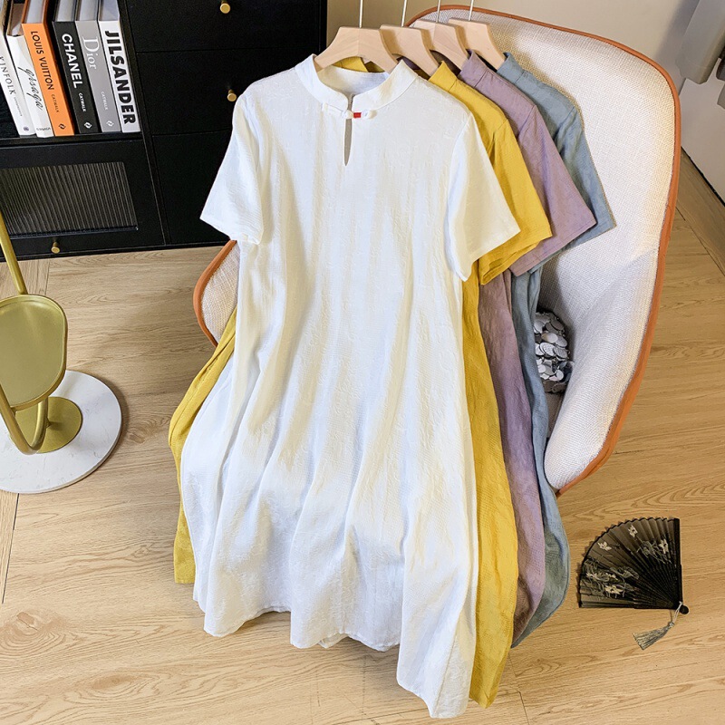 New Chinoiserie Literary Style Jacquard Cotton Grove Dress for Women Summer Short Chinoiserie Sleeves Loose Cheongsam Dress Slimming Look Long Skirt