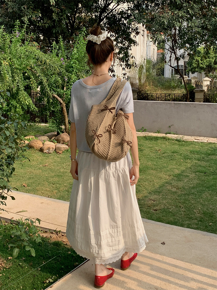 255g Weight Weave Fashion Element Open Closure Type Double Shoulder Straps Strap Type Tote Bag Bags Type Casual, Holiday Occasion Knit Material Bow Knot Pattern Spring&Summer Season Women's Gender Vacation, Beach Style Oval Shape Women's Knit Bow Knot Vacation Beach Weave Oval Open Tote Bag 6