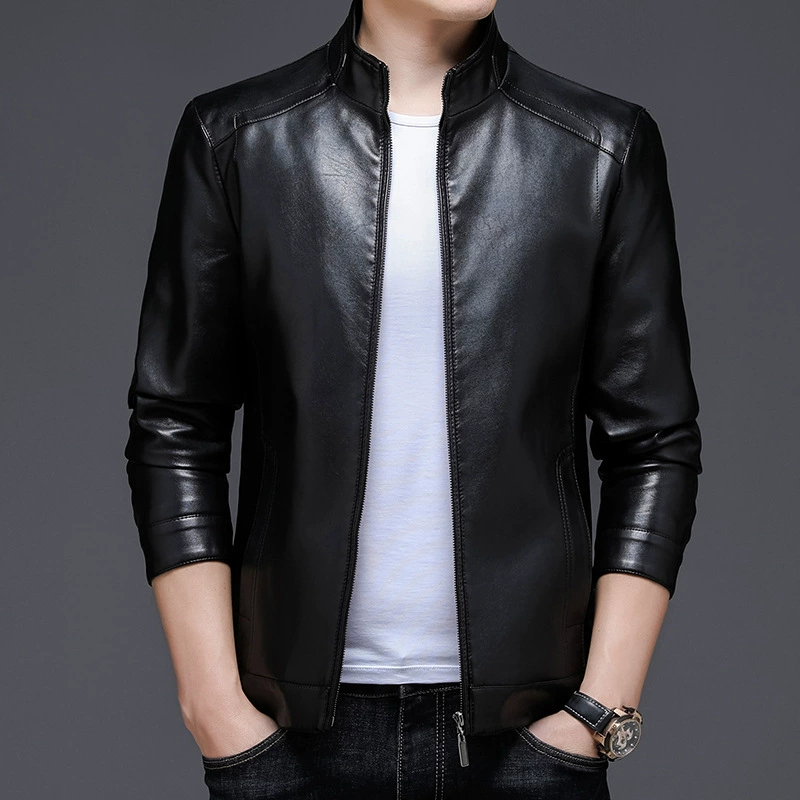 Индивидуальная обработка кожаных курток для мужчин среднего и старшего возраста, мужские кожаные куртки со стоячим воротником, повседневные кожаные куртки, из искусственной кожи (ПУ)