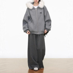 9.6新品 WESTAYONE毛领毛呢外套女2025秋季新款慵懒感+灰色条纹裤