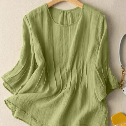 Spot Cross-Border Export Women's Clothing 2026 New 100% Cotton Pure Color Round Neck Casual Women's 3/4 Sleeve Shirt