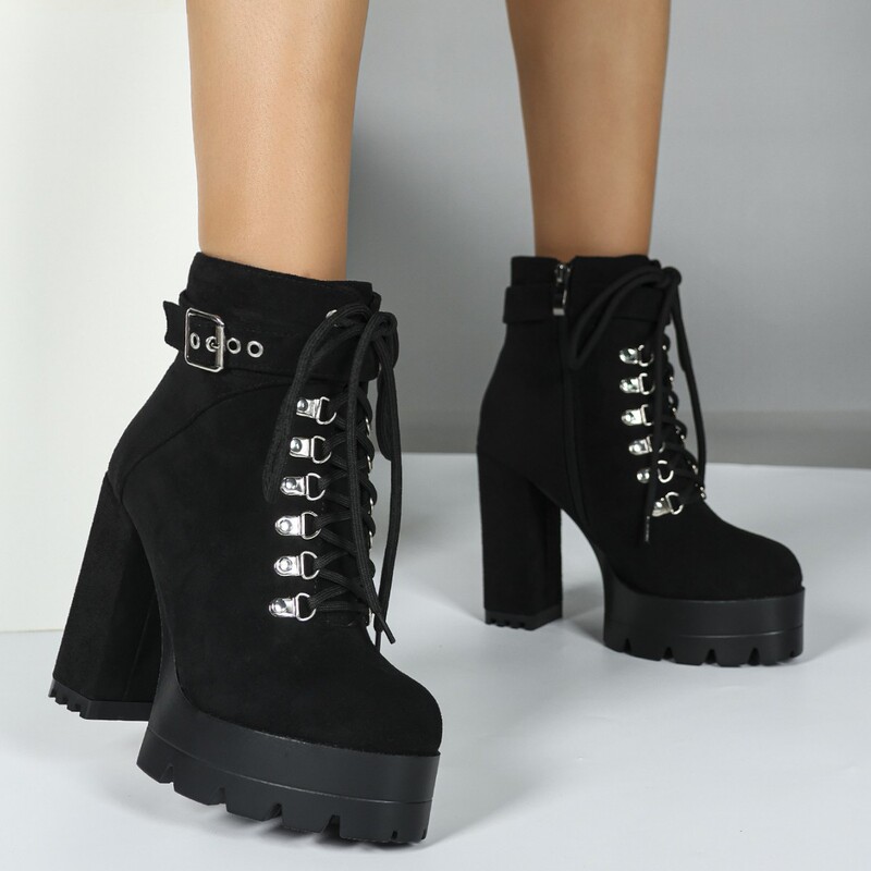 Cross-Border Thick-Soled High-Heeled Short Boots with Suede Lace-Up and Metal Buckle, Martin Boots for Hot Girls, Stylish Height-Increasing Women's Boots Cross-Border Thick-Soled High-Heeled Short Boots with Suede Lace-Up and Metal Buckle, Martin Boots for Hot Girls, Stylish Height-Increasing Women's Boots