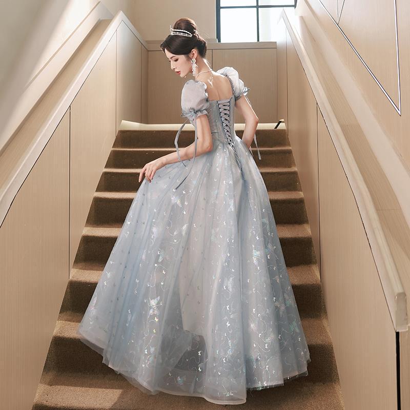 Vestido de Noche Azul banquete estilo francés luz nicho de lujo temperamento estilo sentido transfronterizo Princesa arte vocal examen rendimiento femenino