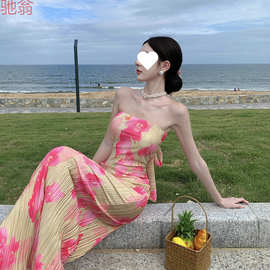 H8A【无袖设计】2025新款印花抹胸褶皱显瘦性感抹胸裙纯欲系带长