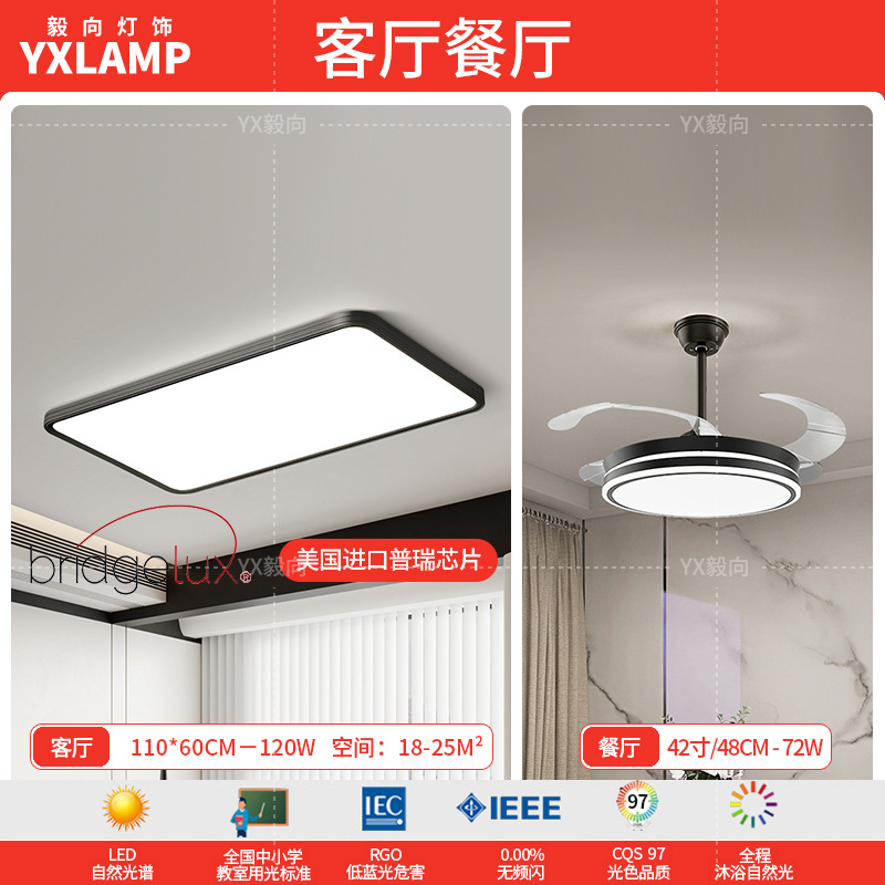 Luz de techo, lámpara de sala de estar, lámpara principal de espectro completo, protección de ojos, lámpara de dormitorio moderna simple sin hendiduras, lámpara negra Zhongshan