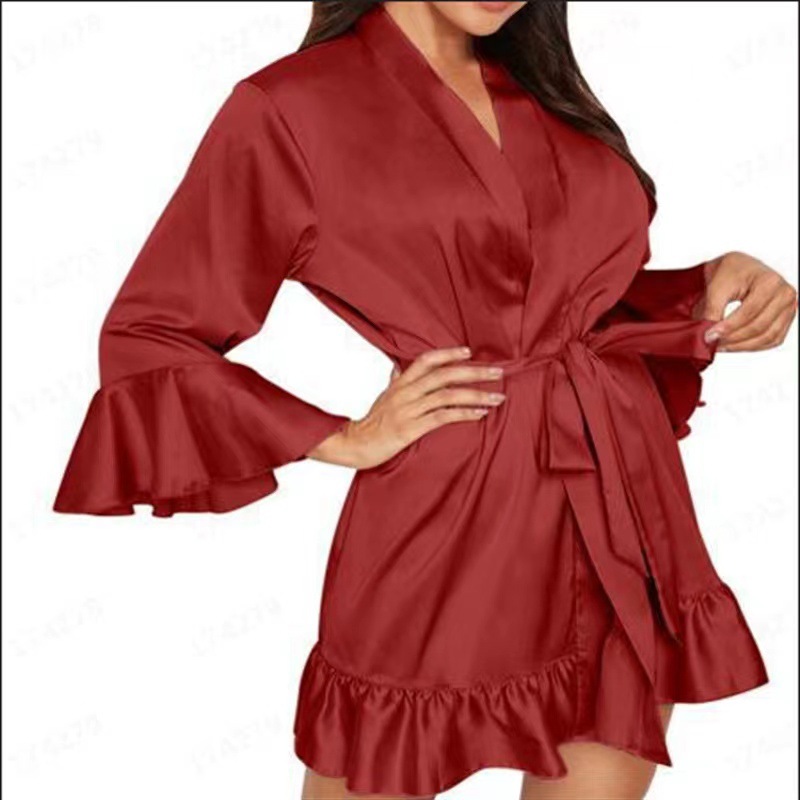 GraceChic European And American Hot-Selling Women's Sexy Stretch Satin Bathrobe Plus Size Nightgown Solid Color Loungewear_voghion.com