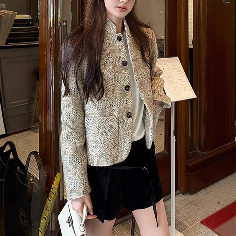 Vitus Cold Tea Elegant Stand Collar Wool Tweed Blazer Short Slimming Padded Shoulder Jacket for Spring