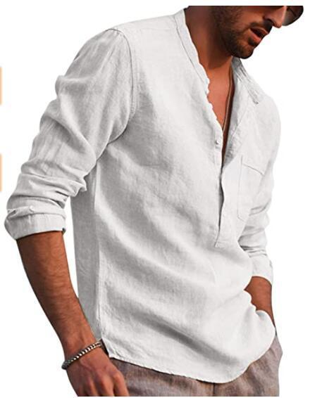 Herren Casual Hemd Mit V-ausschnitt Aus Baumwolle Und Leinen_voghion.com