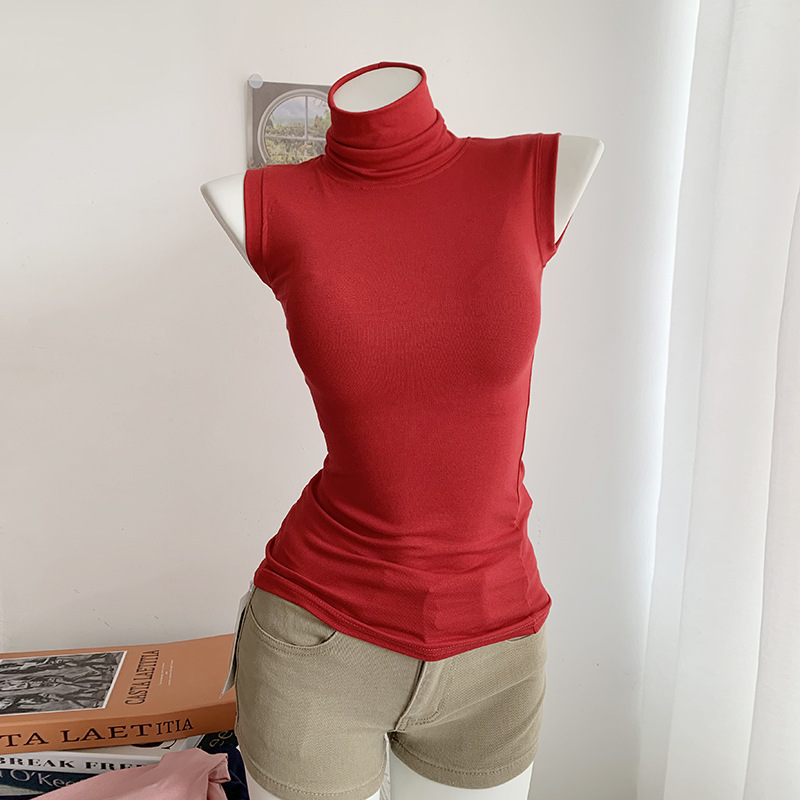 Pure Desire, Feminine Figure, Thin High-Neck Red Sleeveless Tight Vest T-Shirt Top for Women, Bottoming Shirt Pure Desire, Feminine Figure, Thin High-Neck Red Sleeveless Tight Vest T-Shirt Top for Women, Bottoming Shirt