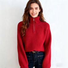 半拉链立领红色毛衣女秋冬2025新款韩版宽松慵懒风针织衫翻领上衣