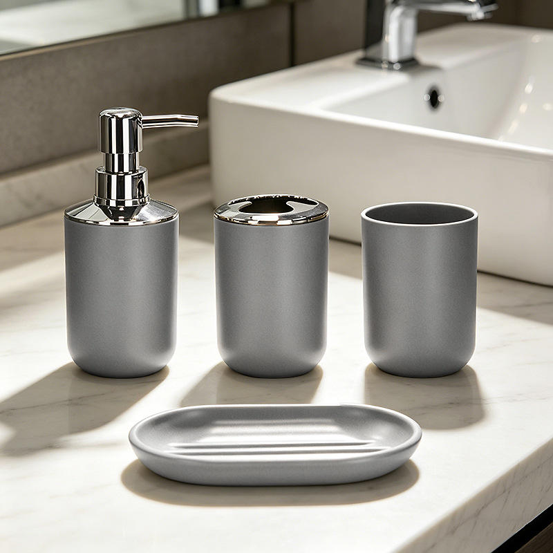Kit de baño set de artículos de higiene set botella de desinfectante de manos cepillo de dientes taza cepillo de inodoro bote de basura set de 6 piezas image 13