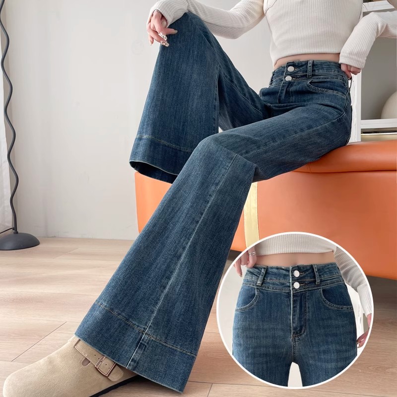 Retro Blue Bootcut Jeans for Women in Spring & Fall, Loose Elastic Non-Stick Pear-Shaped Wide-Leg Flared Pants