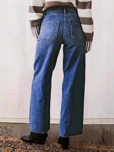 Cross-border Amazon European and American large size washed mid-waist straight jeans double-breasted trousers trimmed nine-quarter jeans