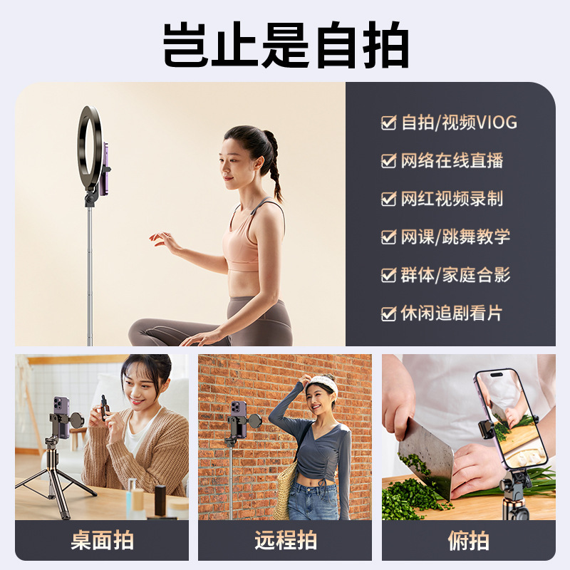 スマホ自撮り棒 フィルライト付き Bluetooth自撮り神器 ハンドヘルド ポータブル 一体型 フロア撮影用三脚スタンド|undefined
