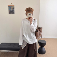 韩系简约纯色竹节圆领毛边T恤女秋新款宽松显瘦百搭休闲长袖上衣