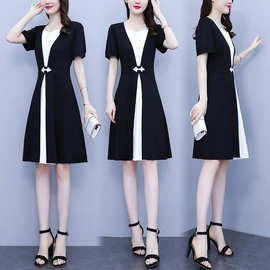 新中式夏装胖MM气质拼接连衣裙大码女装遮肚显瘦气质裙子