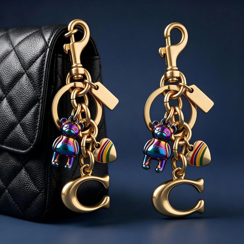 Trendy and colorful bear charm with rainbow heart and letter accents, minimalist and sophisticated bag charm, keychain, and portable accessory Trendy and colorful bear charm with rainbow heart and letter accents, minimalist and sophisticated bag charm, keychain, and portable accessory