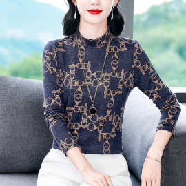 德绒半高领打底衫女长袖t恤春秋冬新款洋气妈妈印花加绒加厚上衣