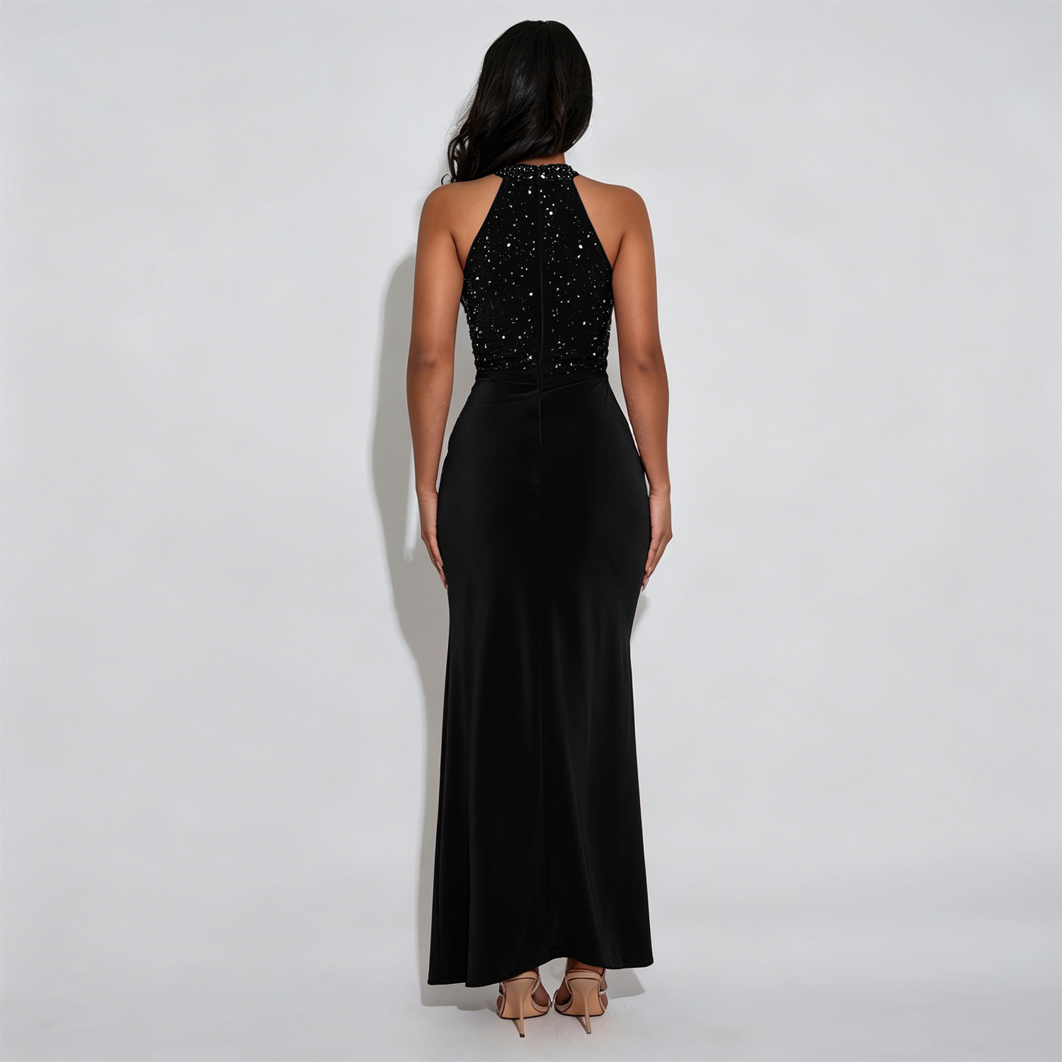 C7706 cross-border AliExpress Amazon Europa y América moda de mujer sexy hombro abierto perlas de diamante caliente vestido bifurcado image 4
