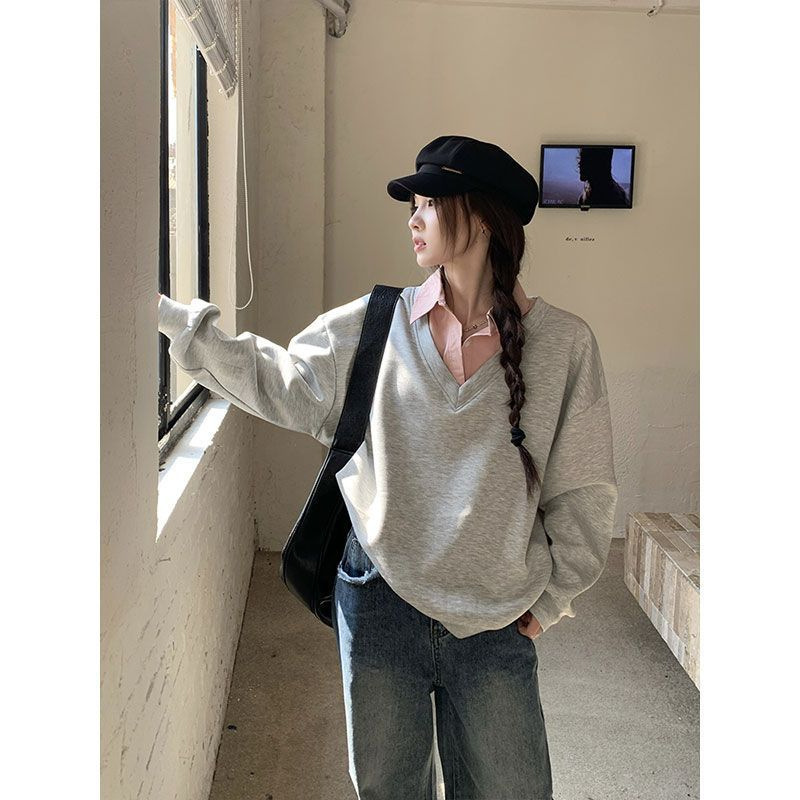 Fake Two-Piece Loose Lazy Sweatshirt Spliced ​​Shirt Collar Women's Spring and Autumn New Design Casual Sports Tops Trendy