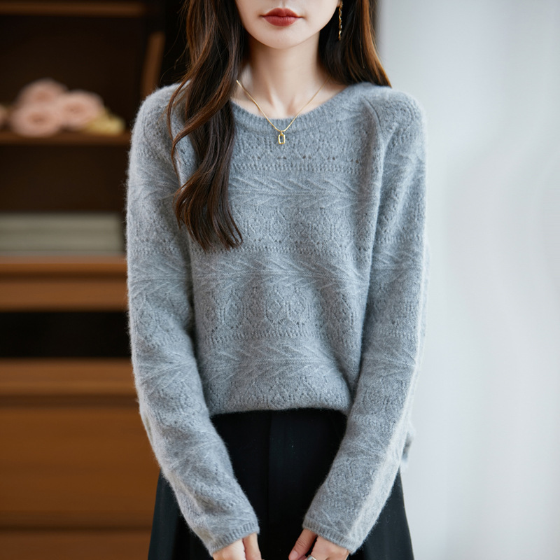 秋冬新款100%羊毛镂空毛衣女宽松针织衫大码时尚上衣短款长袖小衫|undefined