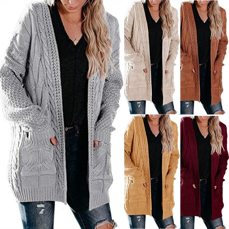 Cross-Border European and American Clothing 2025 Amazon Autumn and Winter New Women's Mid-Length Twist Flap Pocket Pants Knitted Cardigan Sweater