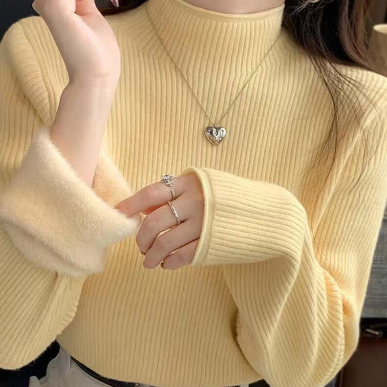 Fleece-Lined Thick Sweater for Women, Winter Knitted Base Shirt, Autumn and Winter Warm New Style, Half-High Collar Mink Integrated Fleece Top