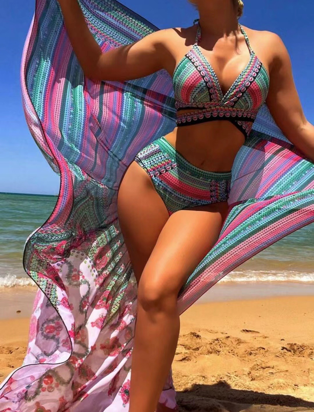 329g Weight Sleeveless Sleeve Length Polyester Fabric Type 3 Pieces Set Quantity Beach, Swimming Occasion Halter Neck Neckline Regular Fit Fit Type Color Block Pattern Women's Gender Beach, Modern Style Style Women's Lady Beach Modern Style Color Block 3 Pieces Set Bikinis Swimwear 11