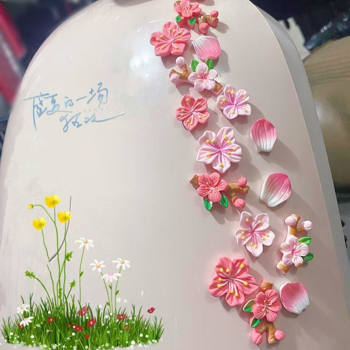 森系桃花车饰品摆件花朵3d立体贴车载中控屏幕摆饰电动车墙壁贴