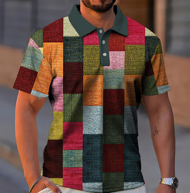 Botón de los hombres camisa polo a cuadros patrón solapa moda 3D Impresión digital moda urbana suelta casual