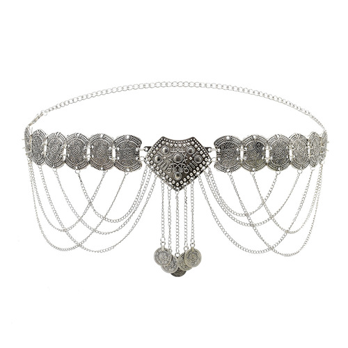 New alloy flower tassel waist chain heavy industry coin belly dance chain ancient Dunhuang flying accessories dress waist