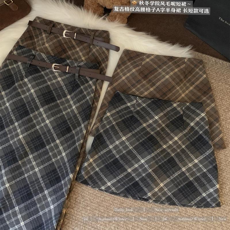 美拉德毛呢格子半身裙女大码夏季加厚复古a字中长款呢子包臀长裙|undefined