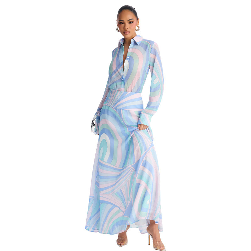 486 Foreign Trade Cross-Border Printed Lapel Long-Sleeve Shirt Waist-Cinching Slim-Fit Dress Casual Women's Long Dress Wholesale 486 Foreign Trade Cross-Border Printed Lapel Long-Sleeve Shirt Waist-Cinching Slim-Fit Dress Casual Women's Long Dress Wholesale