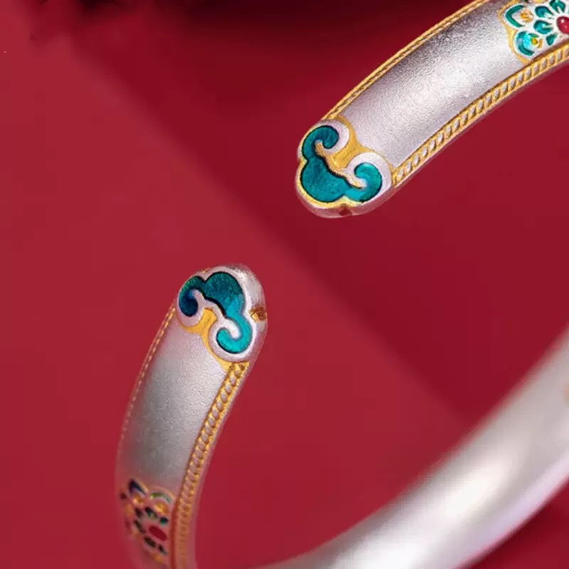 新しい中国風の宝相花エナメルブレスレット Guofeng ハイエンドレトロ如意祥雲蓮開口部ソリッドブレスレット|undefined