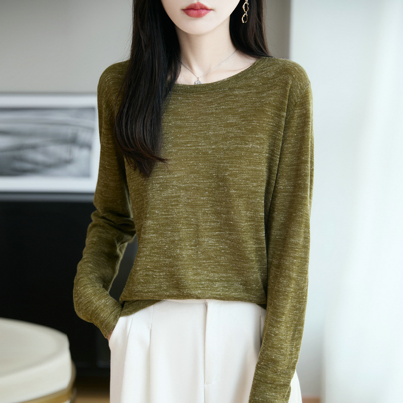 彩麻系列亚麻混纺点纱针织圆领简约套头长袖针织衫早秋薄毛衣女|undefined