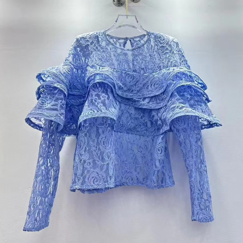 European high-end feeling 2025 spring new ruffled long sleeve round neck wooden ear stitching lace top women