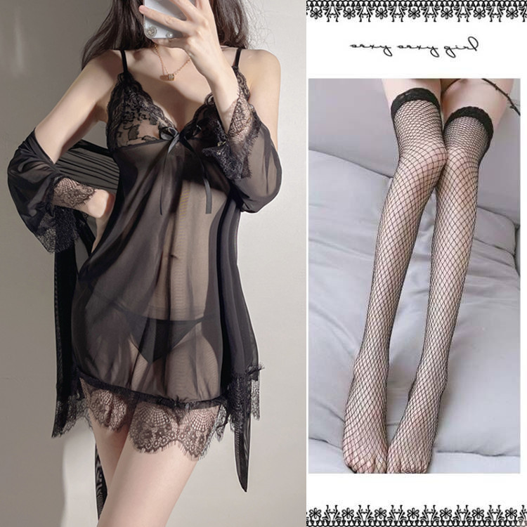 블랙 (잠옷 + 티셔츠 + 가운 + 블랙 망사스타킹)
