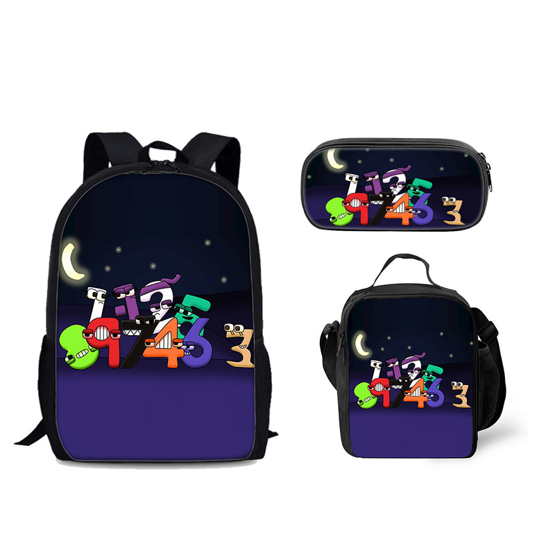Venta al por mayor Alphabet Lore mochila escolar bolsa de hielo letra leyenda estudiante mochila bolsa de comida bolsa de tres piezas