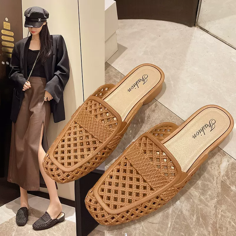 镂空半包头拖鞋女夏季外穿2025新款透气防滑平底鞋子跨境批发凉鞋