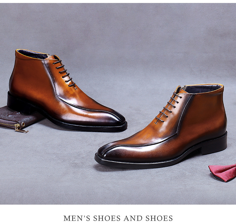 Kožené boty Velkoobchodní továrna Britské martinské boty Pravá kůže Módní společenské boty Špičatá špička Zip Vysoké kožené boty Kotníkové boty_voghion.com