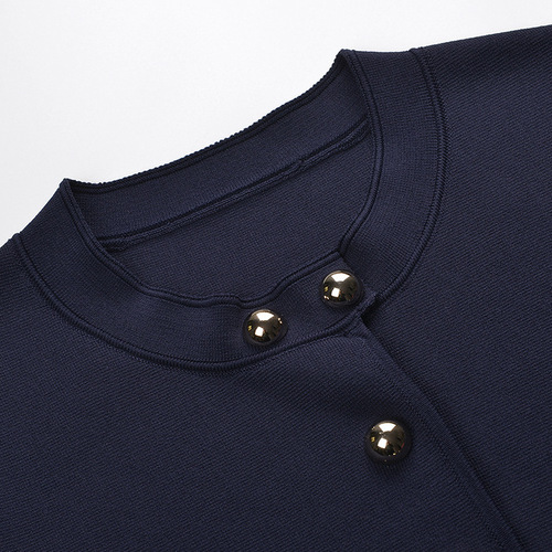 Early Spring New Collection Navy Blue Round Neck Long Sleeve Metal Button Elegant Waist Cinching Slimming Knit Dress